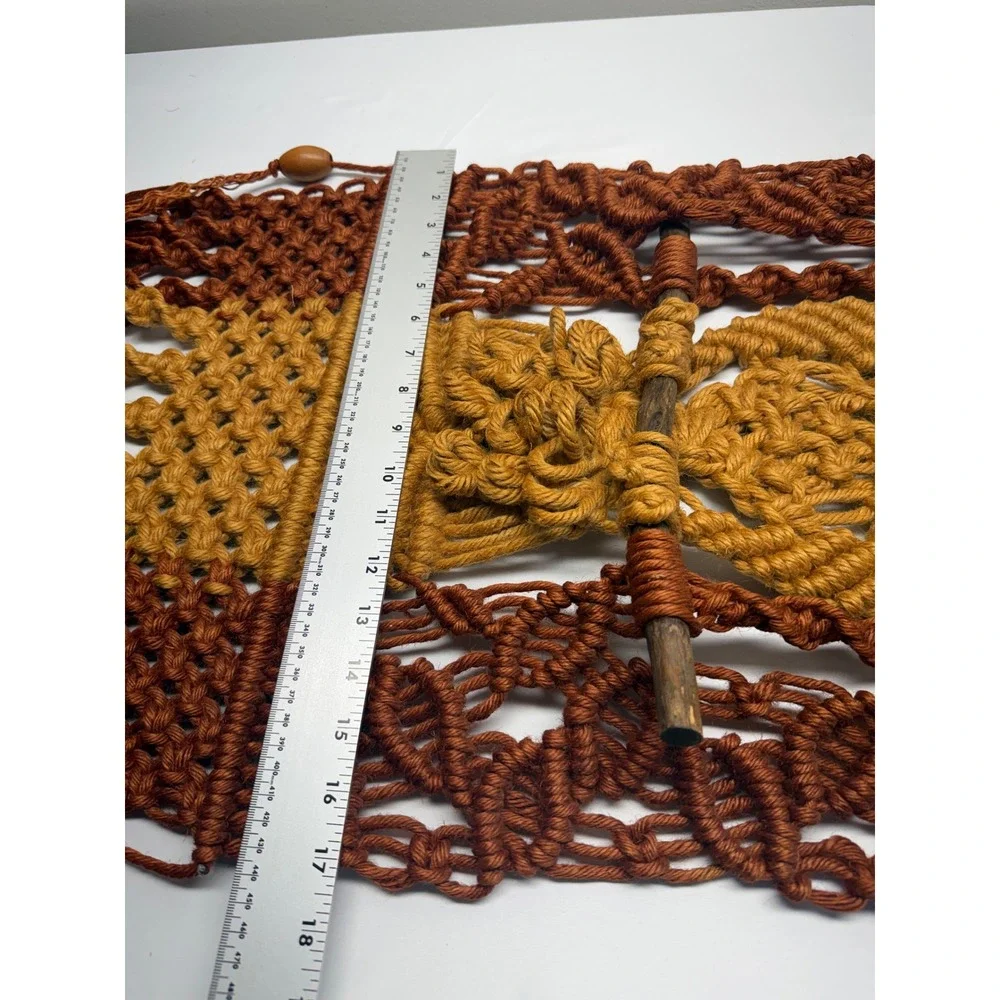 Vintage 70s Macrame Owl Wall Hanging Boho Fiber Art Terracotta Mustard Rust